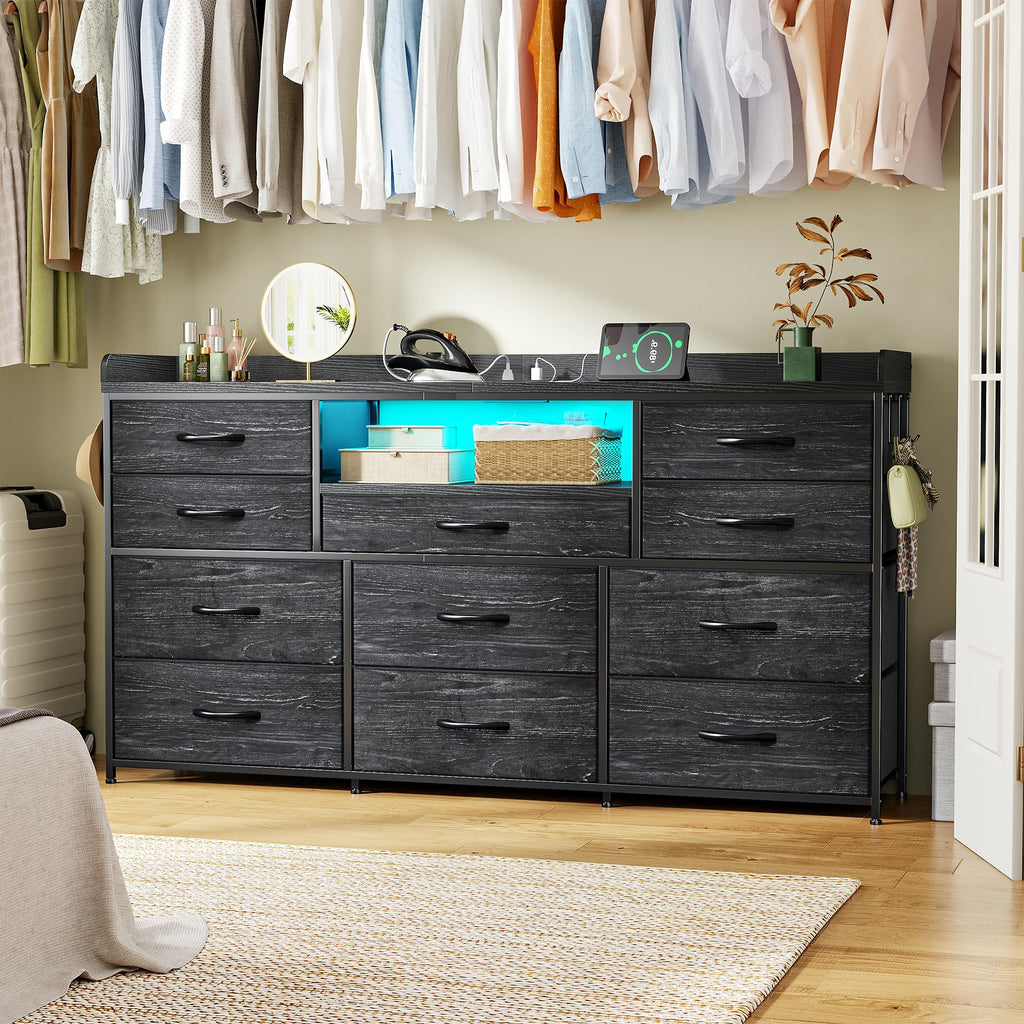 LED Dresser with 11 Drawers & Power Outlets, Black