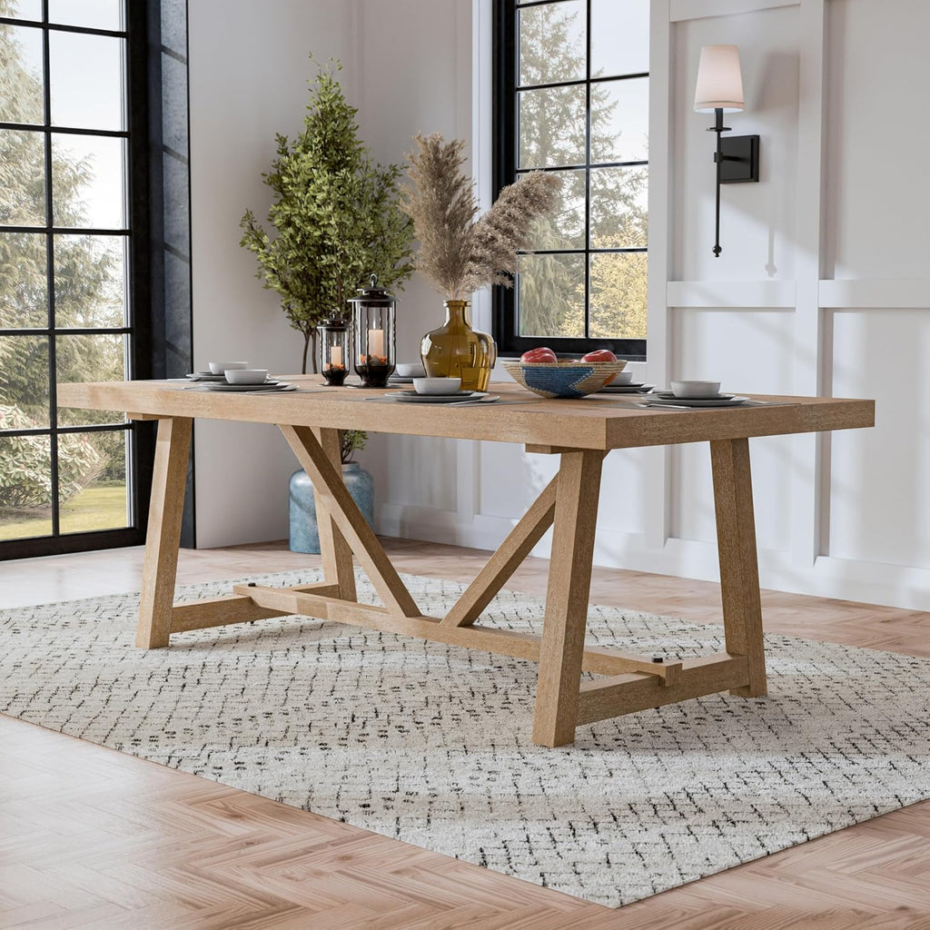 Wellen Farmhouse 84-Inch Rectangle Solid Wood Dining Table with Plank and Beam Base, Trestle Design, Seats Up to 8