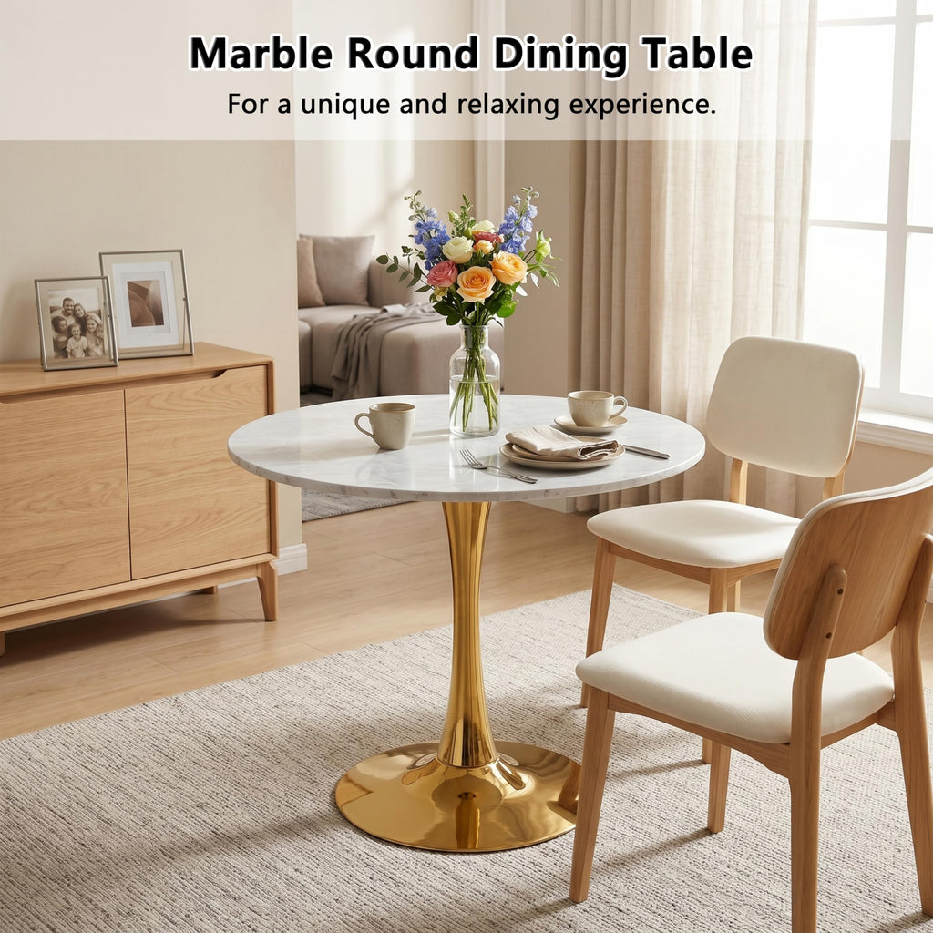 27.6" Marble Round Tulip Table, Mid-Century Modern Style Dining Table with Gold Pedestal Base for 2-4 People