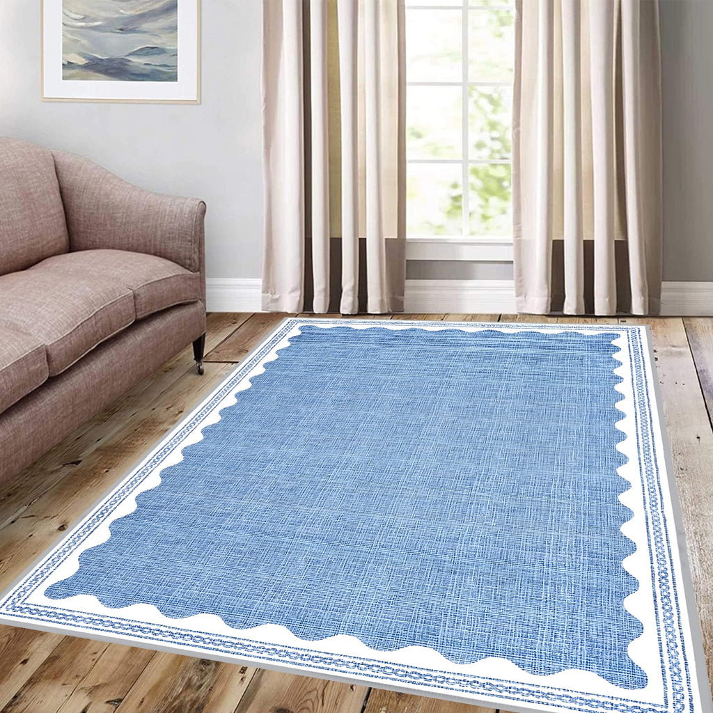 Scalloped Rug Solid Blue Washable Non-Slip Rug Modern Aesthetic Rugs Kitchen Dining Indoor Entry Entrance Floor