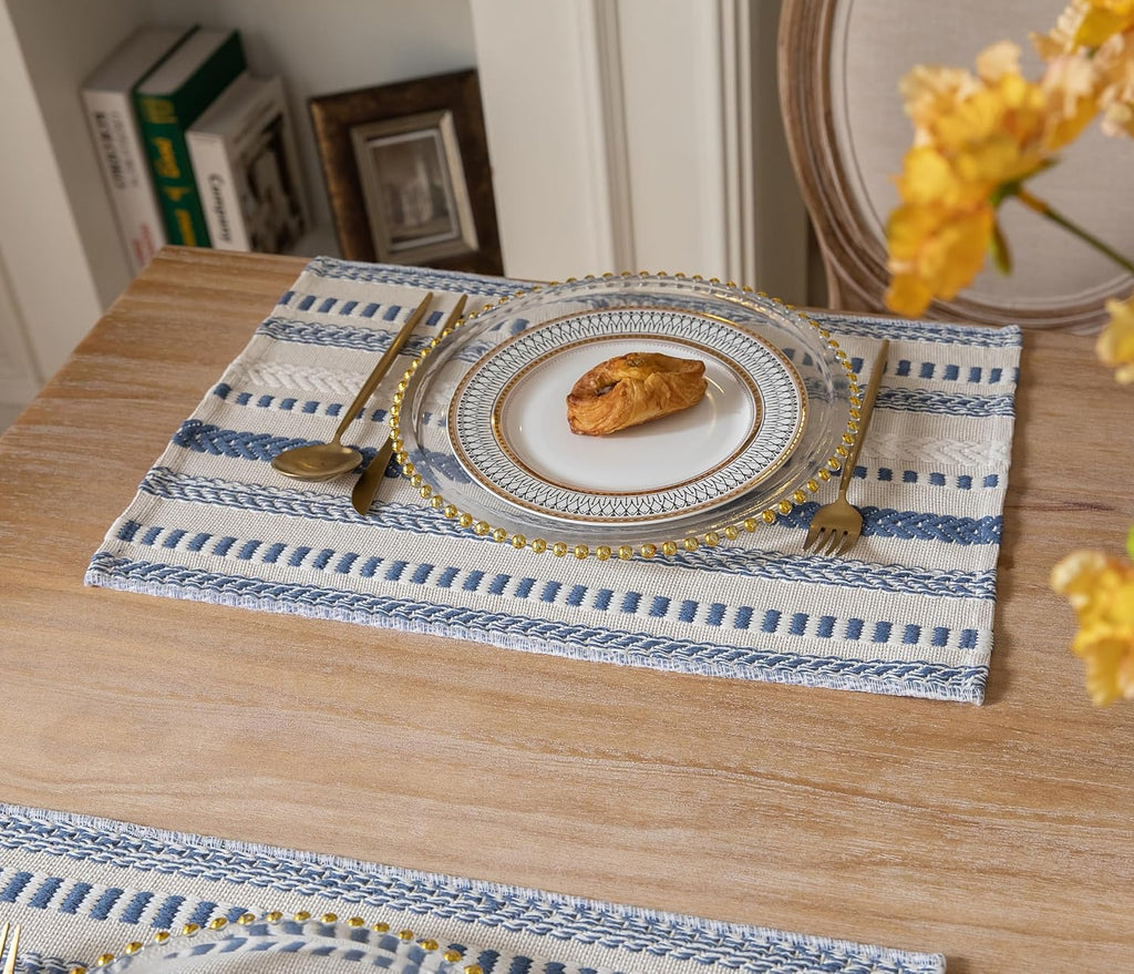 Boho Placemats, Blue Beige Cotton Linen Woven Place Mats - Set of 6