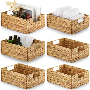 Water Hyacinth Storage Baskets, Set of 6, Woven Bins with Handles