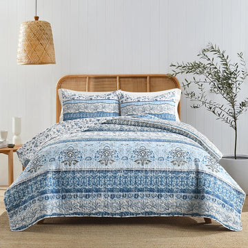 Boho Quilt Blue Bohemian Floral Quilt Bedding Set, Soft Lightweight Comforter Set for All Season
