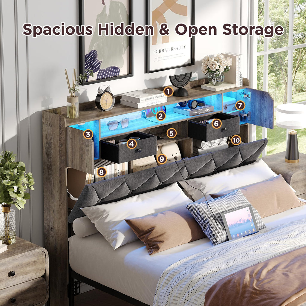 Headboard for Queen Size Bed with Storage, Upholstered Headboard Only, Wood Head Board with Charging Station and Led