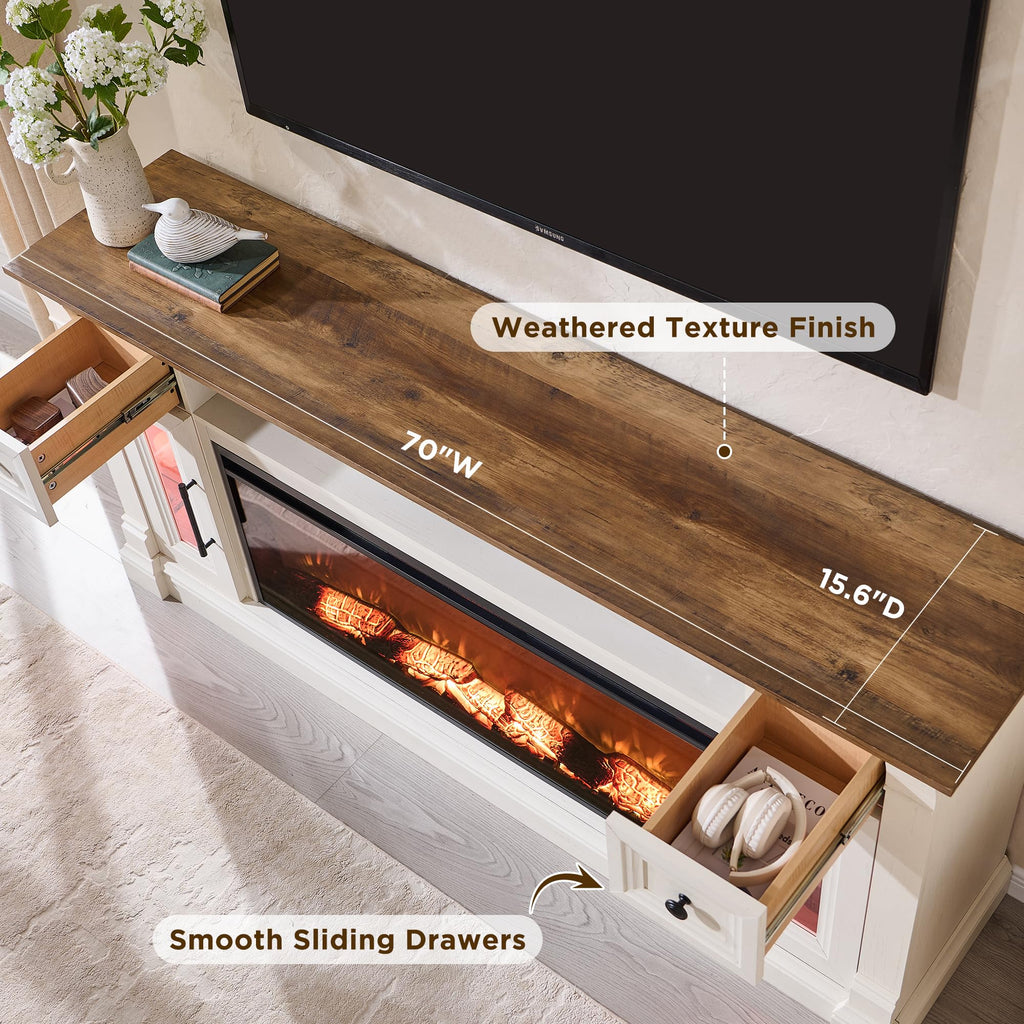 Farmhouse Fireplace TV Stand for 80" TV, Antique White