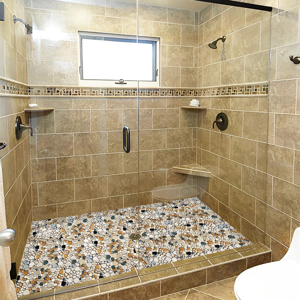 Pebble Stone Mosaic Tiles 5 Sheets, Beige Tan Brown Ceramic Mosaic Sheets Mesh Mounted 12x12, Glazed Porcelain Tile