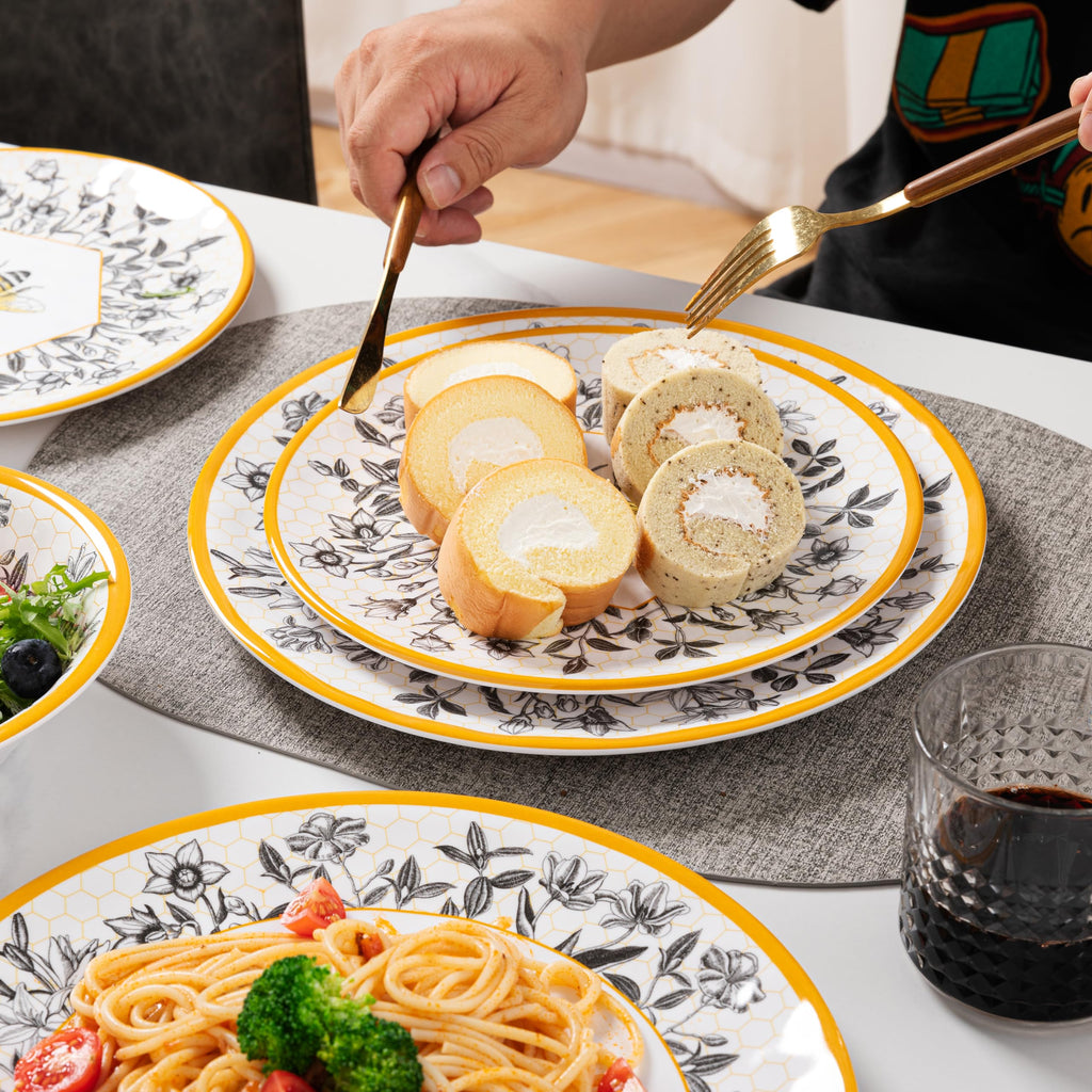 Honeycomb Bee Sweet 12-Piece Melamine Dinnerware Set, Floral Design