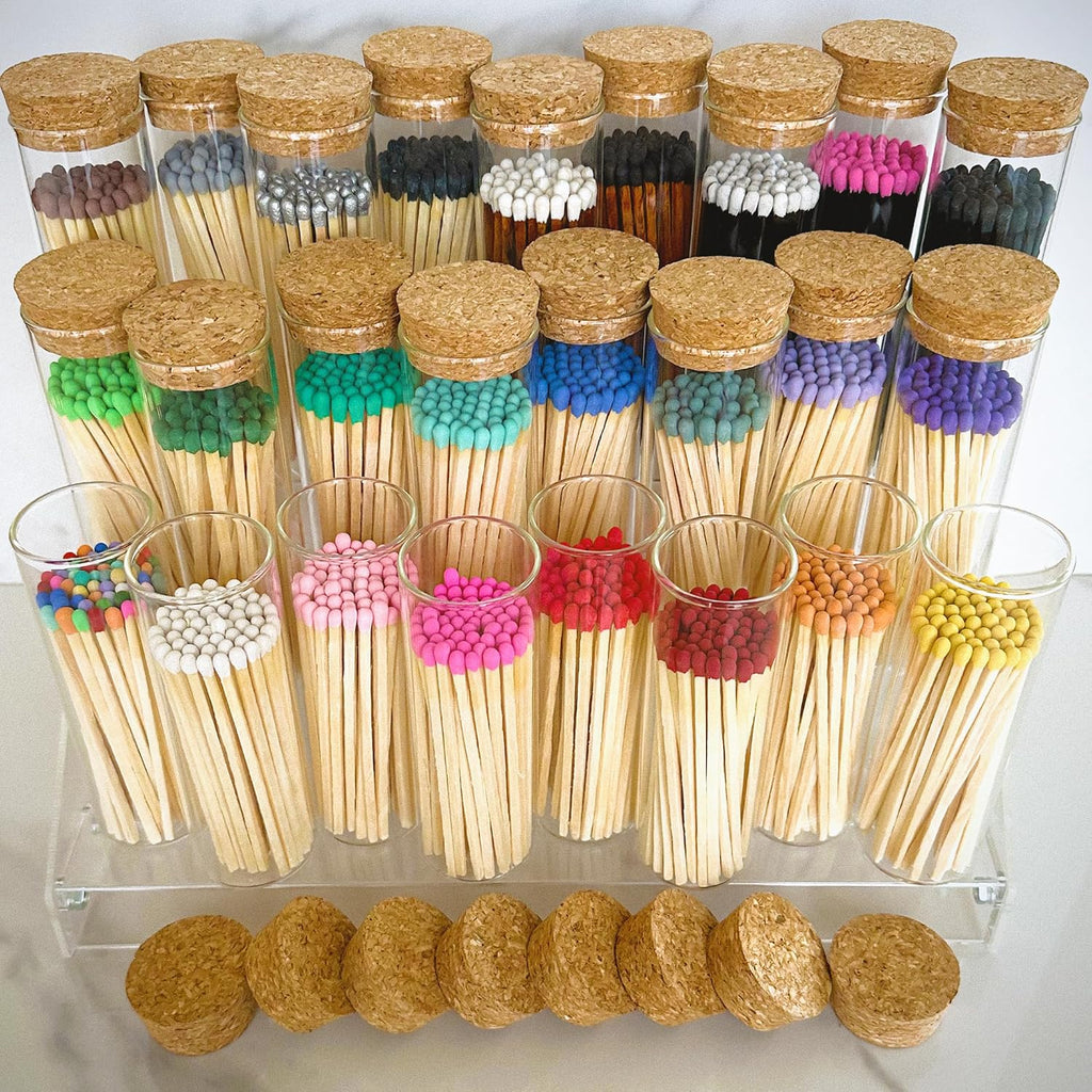 Decorative Matches in a Glass Jar | 4" All Black Long Matches (100 Match Sticks) + Cork Top Glass Holder + Striker