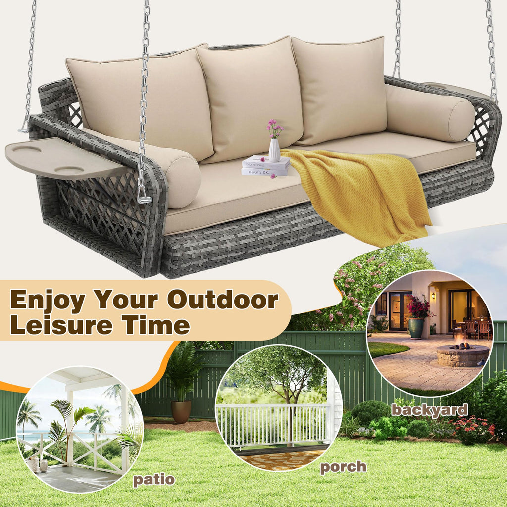 3 Seat Hanging Wicker Porch Swing with Cup Holders, 800Lbs