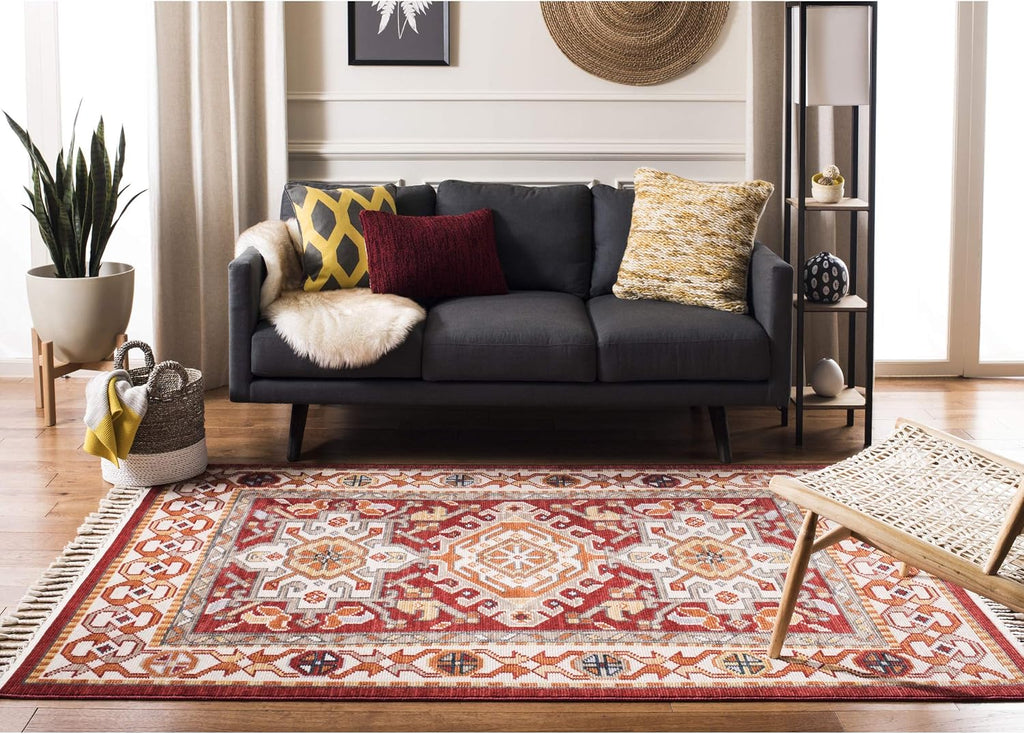 Area Rug - Farmhouse Collection - Large - Ivory & Red, Oriental Tribal Tassel Design, Non-Shedding & Easy