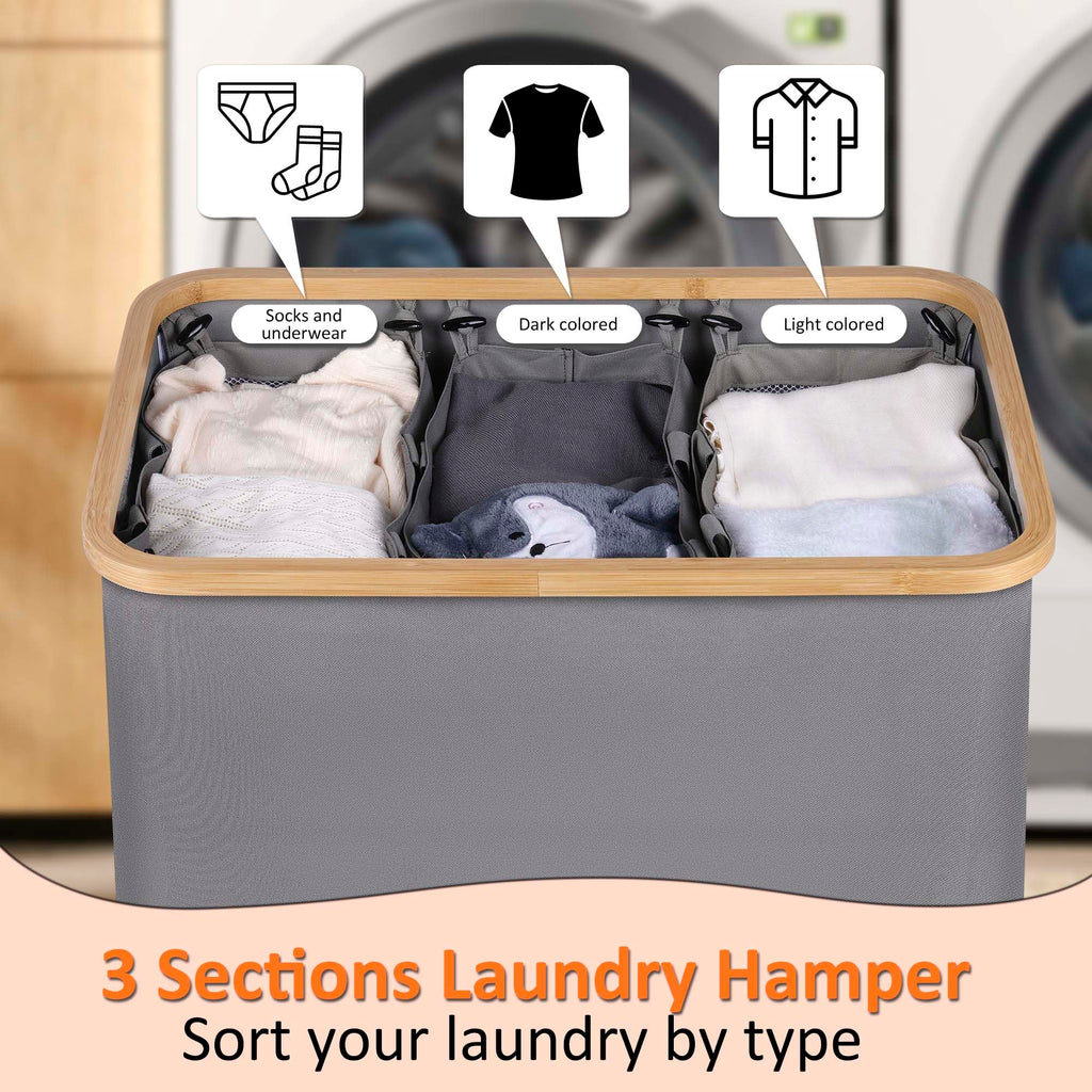 Laundry Hamper 3 Section with lid and 3 Removable Bags, Silver Grey