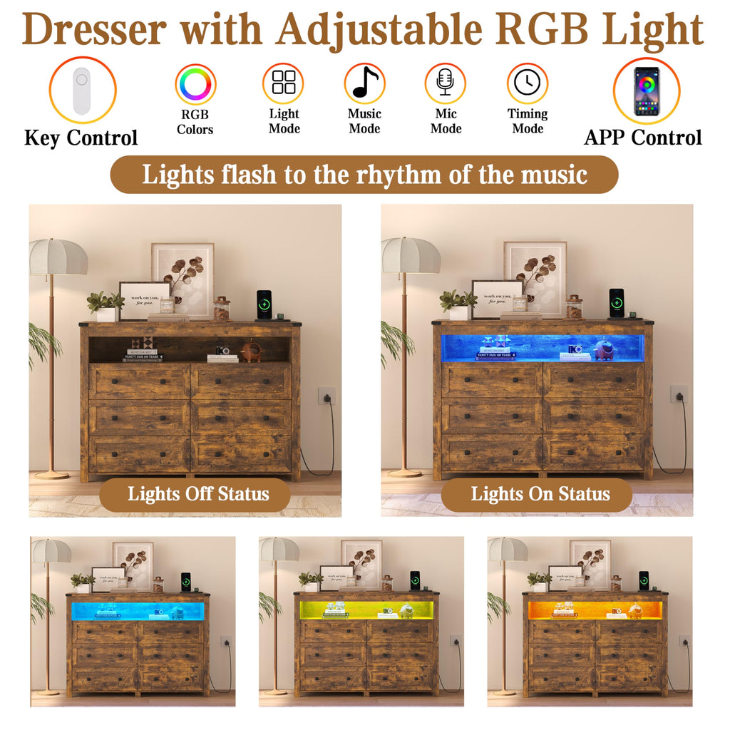 Brown Dresser 6 Drawer Dressers with LED Lights, Charging Station, Wood Chest of Drawers with Metal Handles, Modern