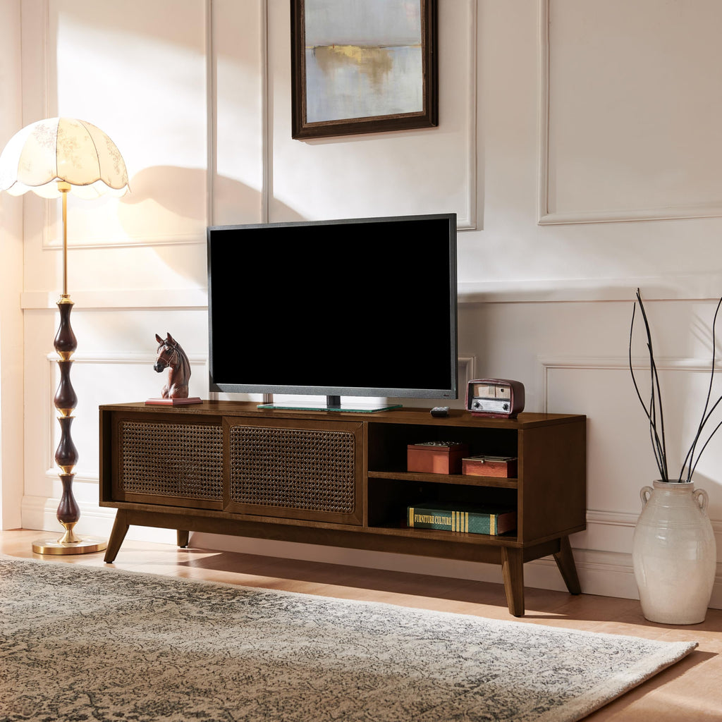 59" Rattan Mid Century TV Stand, Entertainment Center, Media Console