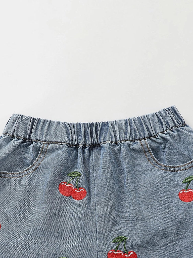 Girls Denim Shorts Embroidered Patterns Elastic Waist Cuffed Jean Shorts