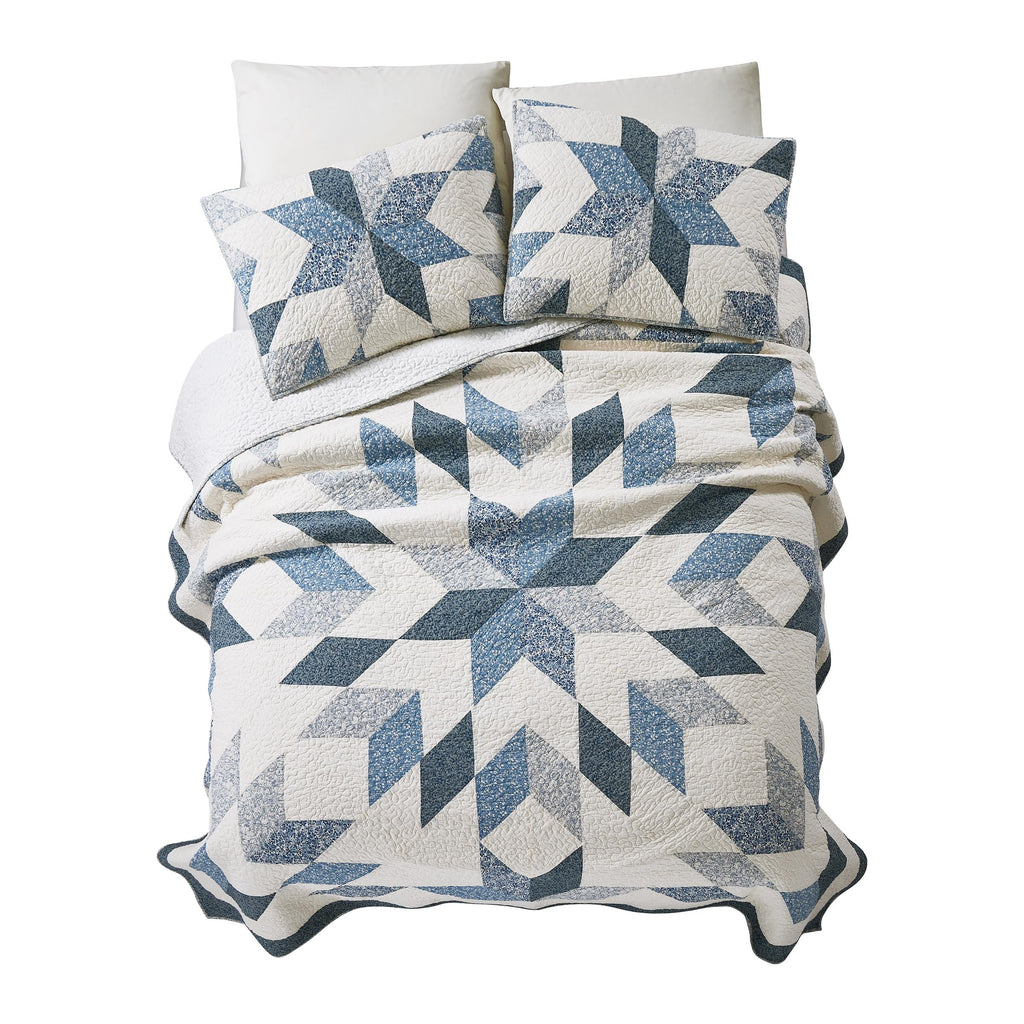 Bright Star Patchwork Quilt Set - 3-Piece Cotton Lone Star Medallion Bedding with 2 Shams, Pre-Washed Blue