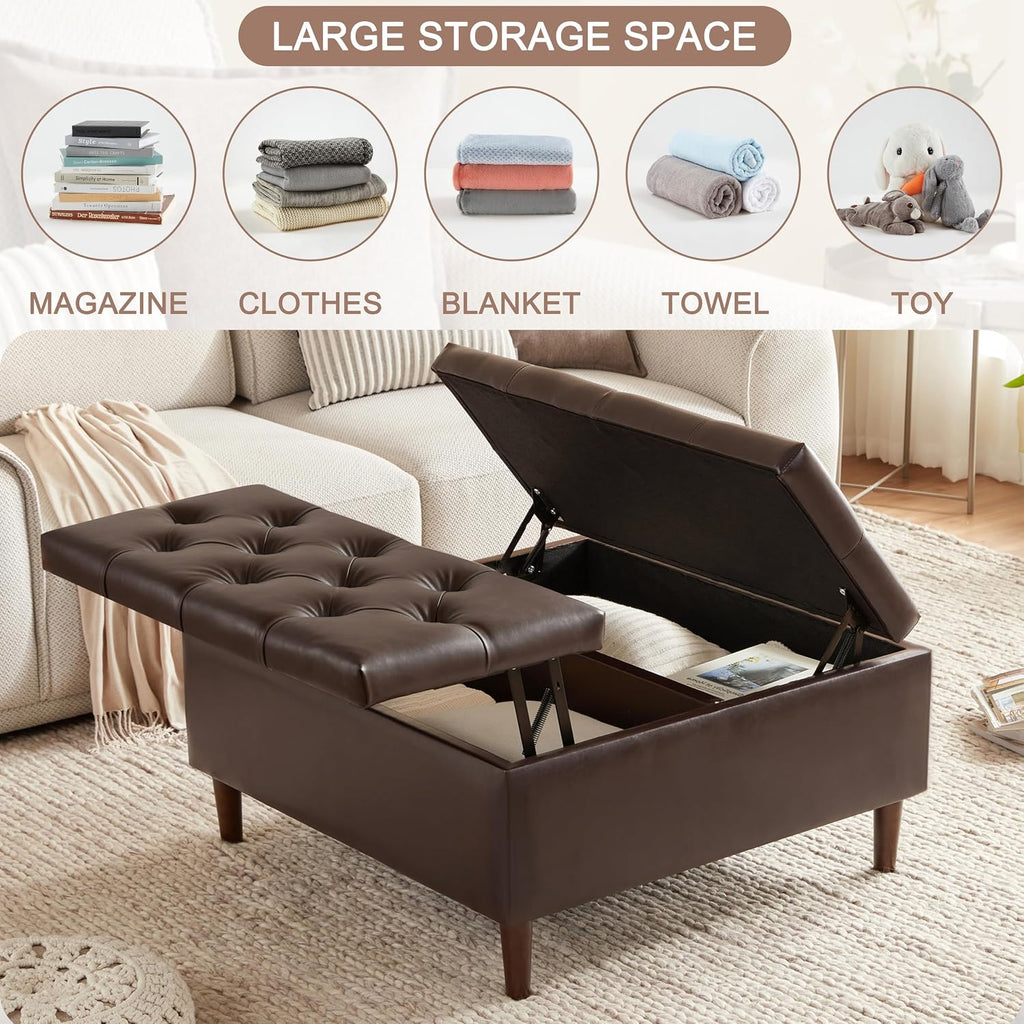 35" Large Storage Ottoman Coffee Table, Square Ottoman, Brown | Oversized Square Ottoman with Storage, No Assembly