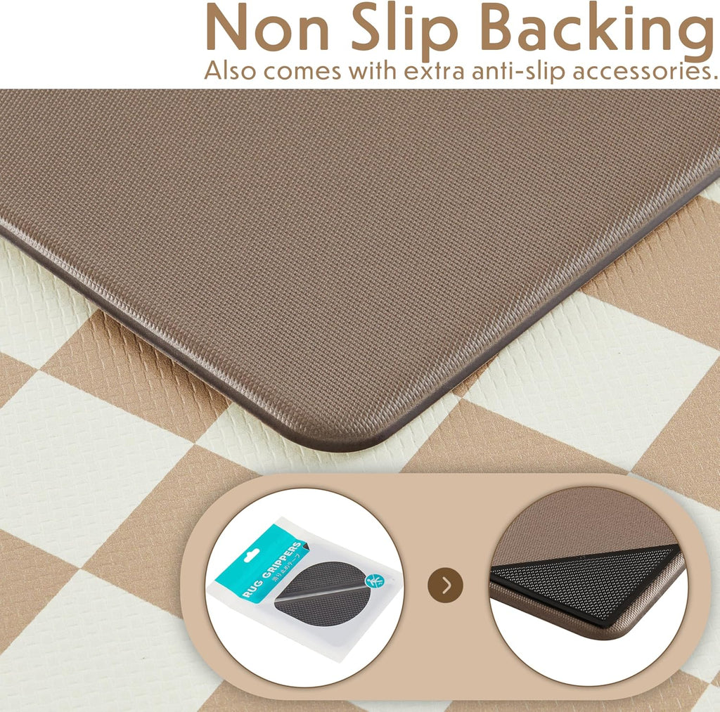 Checkered Kitchen Mats for Floor Set of 2, 2 Pcs Beige Khaki Cushioned Non Slip Runner Rugs /Sink/Laundry, Comfort