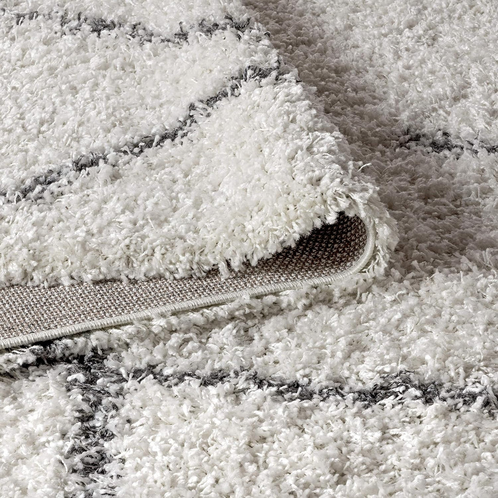 Mercer Shag Plush Tassel Ivory/Gray Indoor Area Rug, 3x5, Moroccan Geometric Trellis, Easy-Cleaning