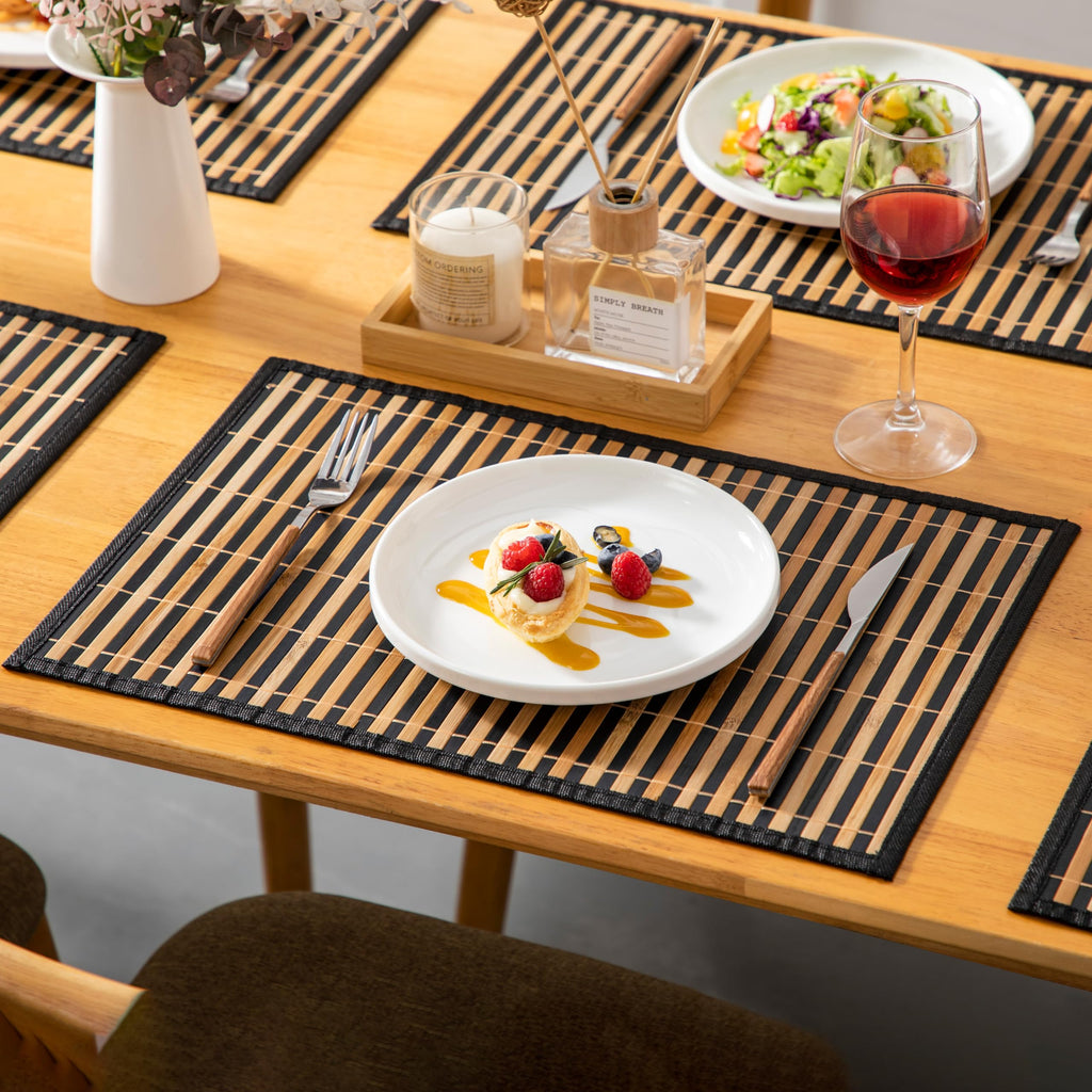 Placemats Set of 6, Bamboo Table Mats Set with Leaf Pattern, 18'' × 12'' Woven Placemat, Washable Heat-Resistant