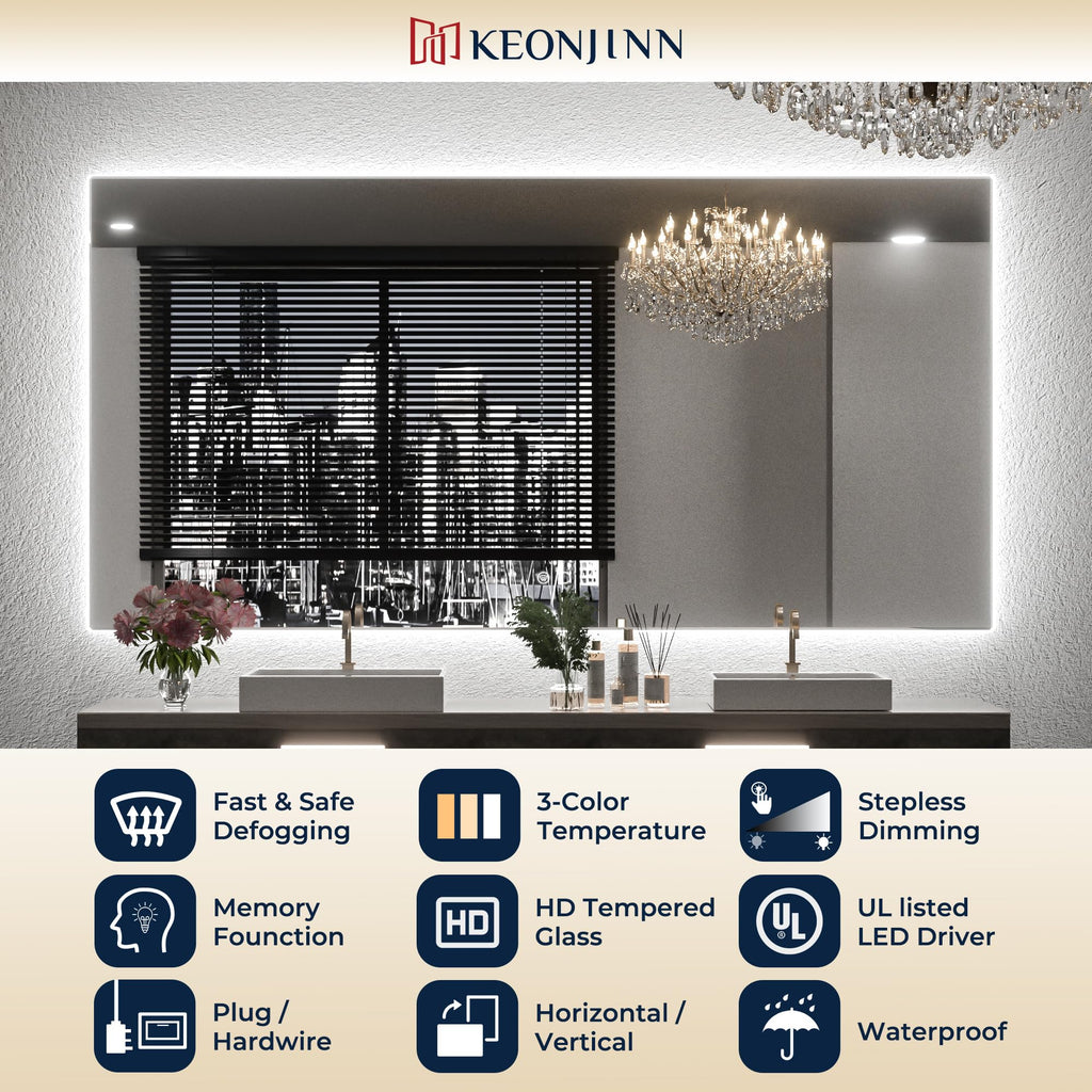 28" x 36" Backlit Mirror Bathroom, Tempered Glass, 3 Color Lights