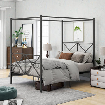 Full Canopy Bed Frame, Metal Canopy Beds with 4 Poster Design and Geometric Accented Headboard and Footboard, No Box