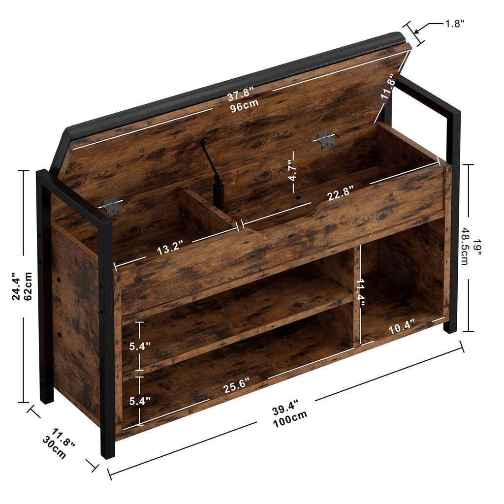 Shoe Storage Bench, Entryway Bench with Lift Top Storage Box, Metal and Board Bench, Two Tier Shoe Rack Organizer