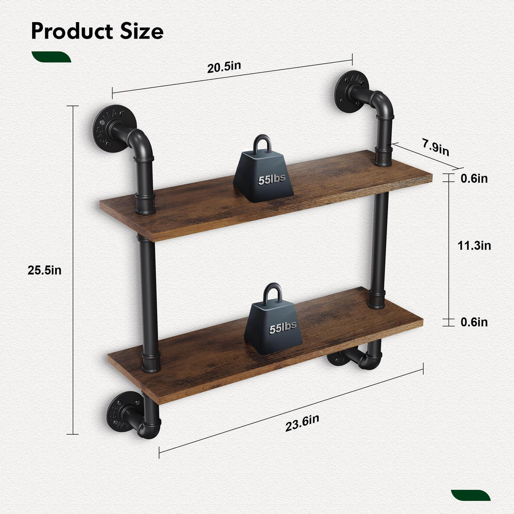2 Tier Rustic Floating Shelves Industrial Pipe Floating Shelf