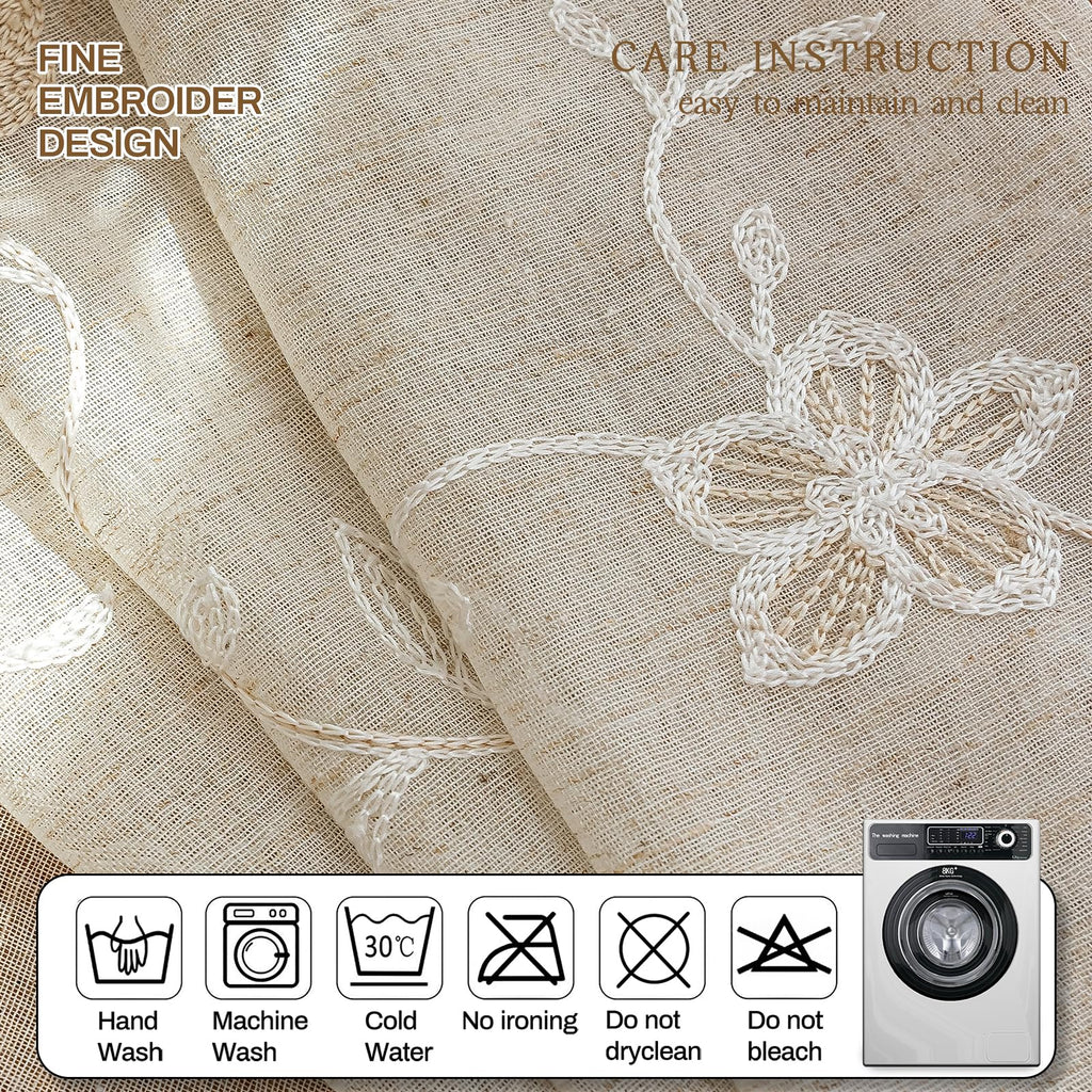 2 Panels Linen Floral Leaf Embroidered Semi Sheer Curtain Farmhouse Voile Curtains Bedroom Window Treatment Beige 52