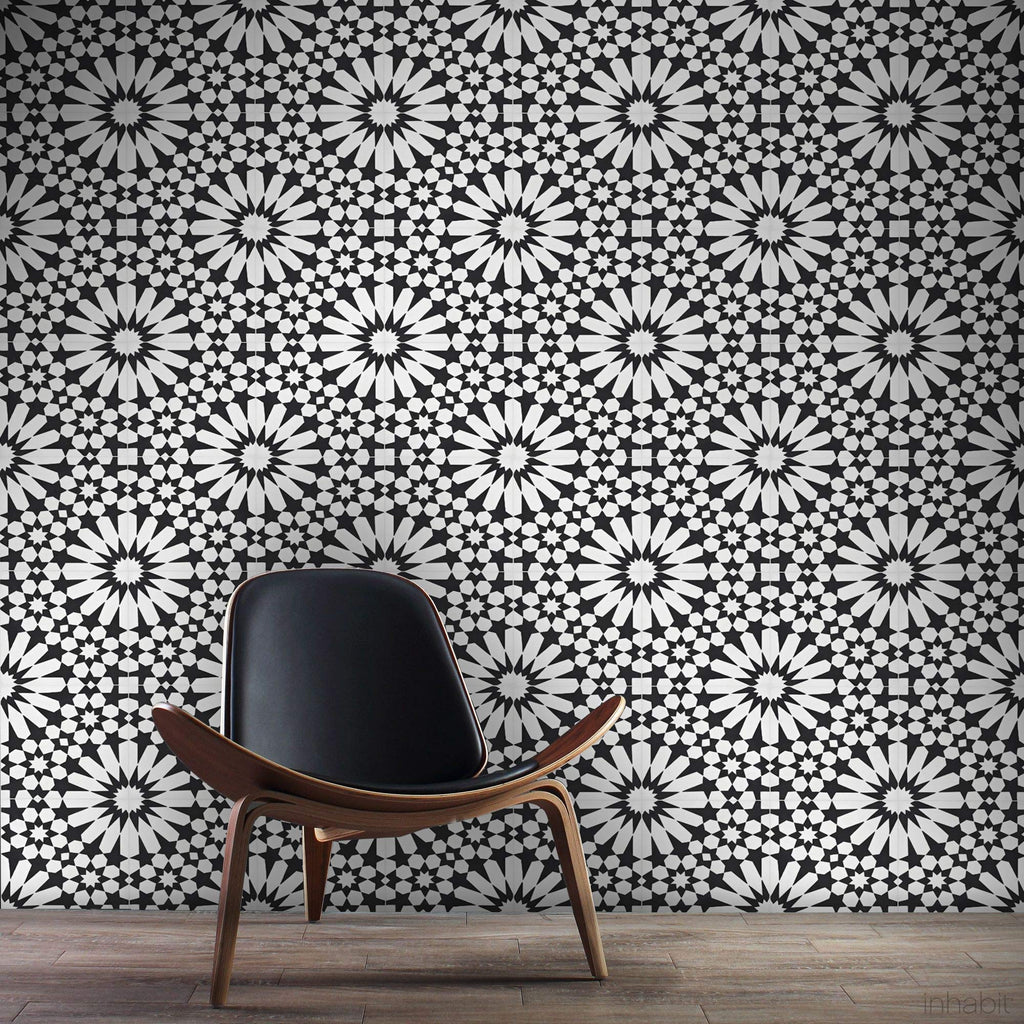 Agdal Handmade Cement Tile in Black and White, 8"x8, 5 Sq Ft