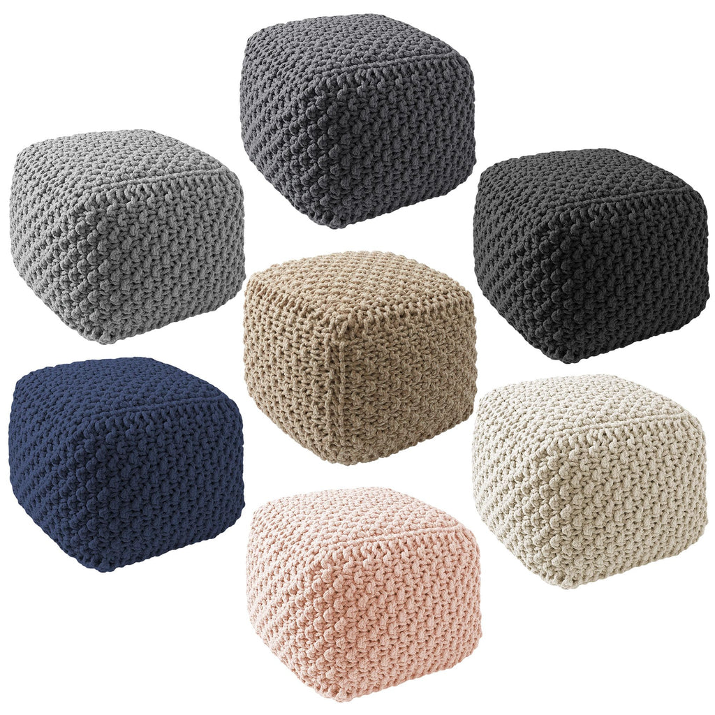 Square Pouf Ottoman, Natural - 18.5" W x 18.5" D x 14.5" H Cotton Knit Foot Stool - Boho Floor Pouffe