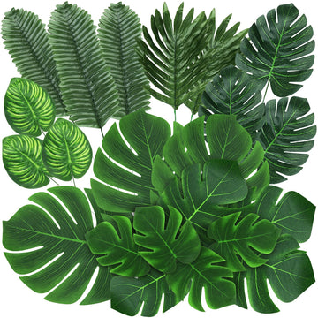 74 Pcs 7 Kinds Artificial Palm Leaves Tropical Fake Leaves, Monstera Leaf for Safari Jungle Hawaiian Dinosaur Luau