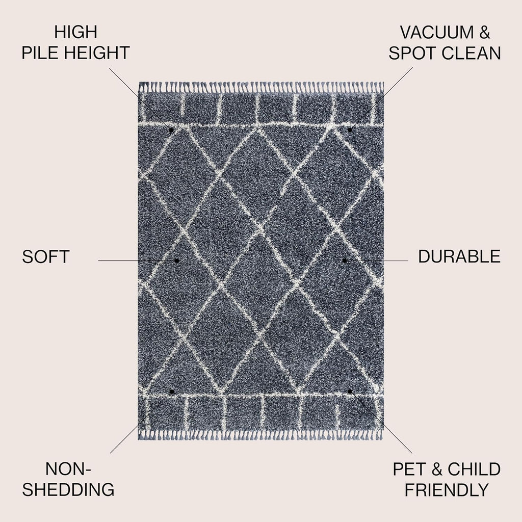 Mercer Shag Plush Tassel Blue/Cream Indoor Area Rug, Moroccan Geometric Trellis, Easy-Cleaning, Pet Friendly