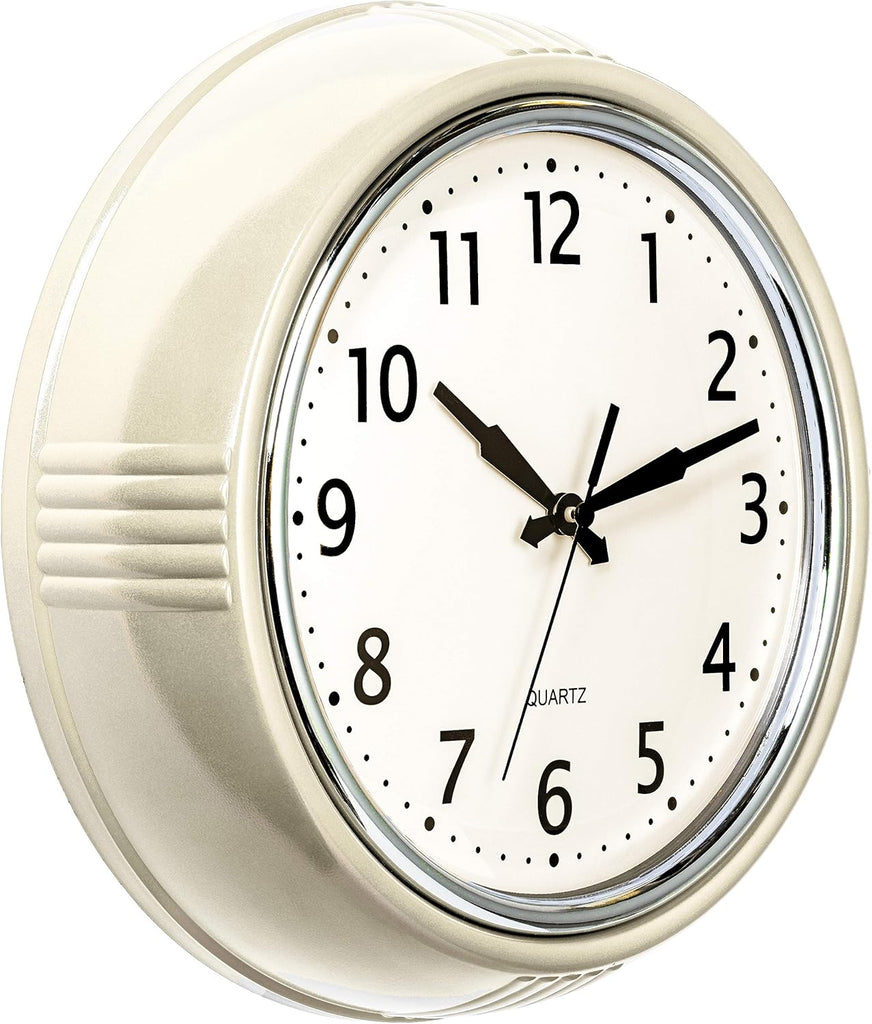 Bernhard Products Retro Wall Clock 9.5 Inch Cream Kitchen 50's Vintage Design Round Silent Non Ticking Quality Quartz
