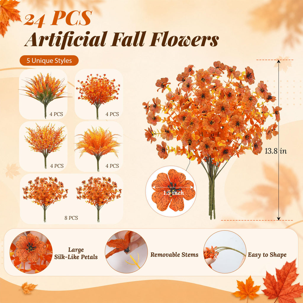 24Pcs Fall Flowers Fake Mums for Decoration Mixed Stems