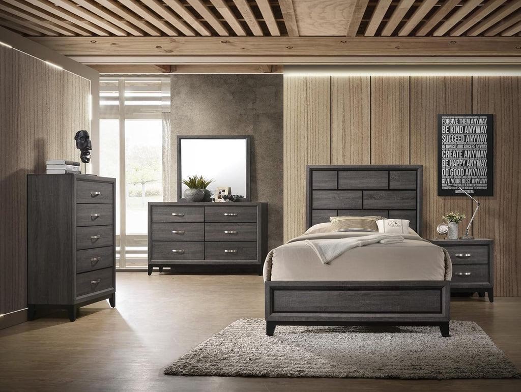 Gray Bed Low Profile Geometric Headboard Solid Wood