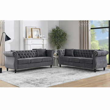 Chesterfield Sofa, Retro Style Upholstered 3+3 Seats Couch with Rolled Arm Bedroom Office, Grey
