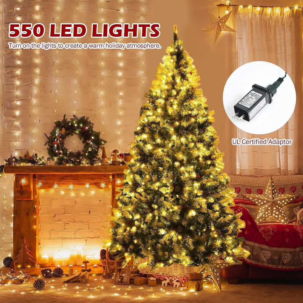 7.5ft Pre-lit Artificial Christmas Tree, Hinged Snow Flocked Xmas Tree w/Pine Cones, Red Berries & 550 LED Lights, 8