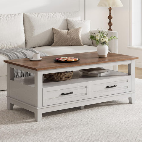 Farmhouse Coffee Table with Drawers, 47.2 in Center Table Rustic Coffee Tables White Brown Living Room Table