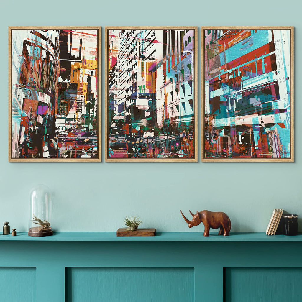 Framed Canvas Print Wall Set Grunge Paint Stroke Rainbow Cityscape Architecture & Maps Cities Photography Modern