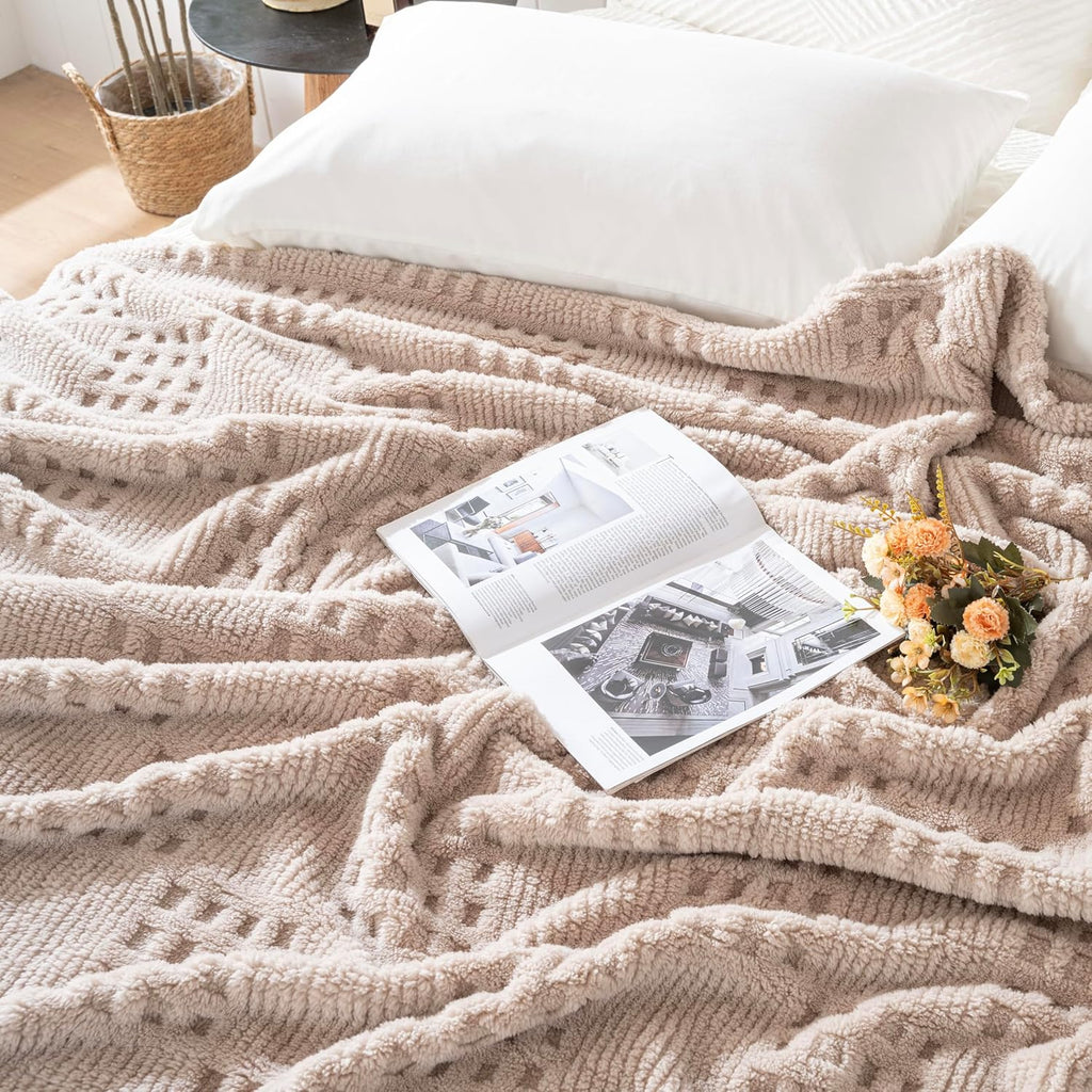 50x70 Inch Waffle Brown Throw Blanket -Fluffy Fleece, Neutral Tan Color, Cute & Aesthetic, Chair, Bed, Living Room &
