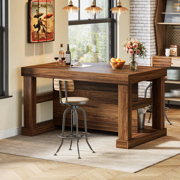 Bar Table, 55-Inch Counter Height Pub Table with Storage Shelves, High Top Kitchen Dining Table, Rectangle Wood Home