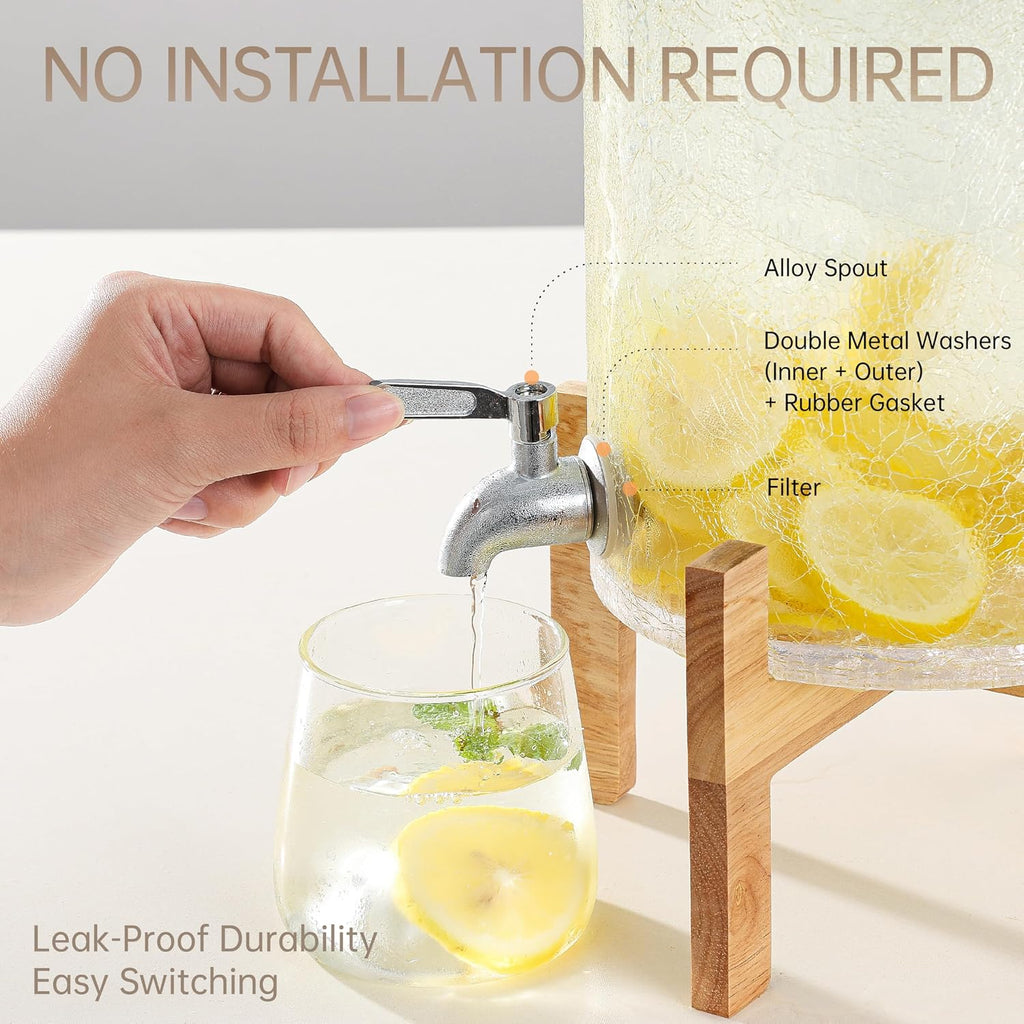 2 Gallon Glass Drink Dispenser with Stand, Beverage Dispenser with Wood Lid and Stainless Steel Spigot, Glass Water