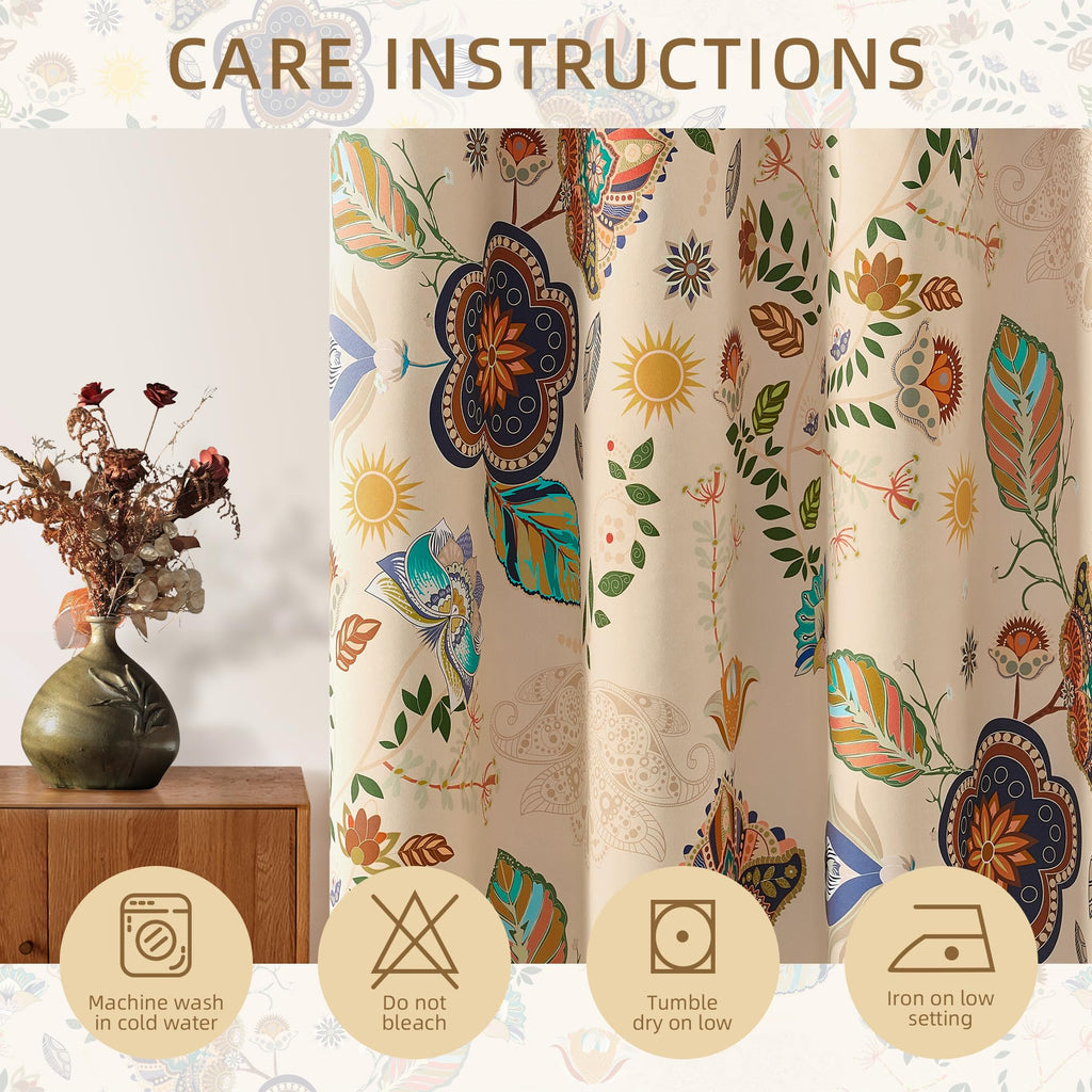 Boho Beige Floral Curtains 120 Inches Long 2 Panels Patterned Curtains