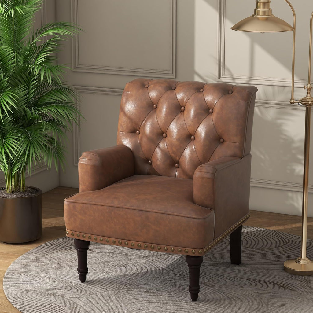 Faux Leather Accent Chair, Modern Upholstered Armchair, Brown