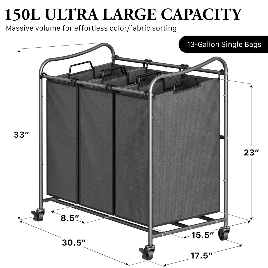 Heavy Duty 3-Bag Laundry Sorter Rolling Cart, Dark Grey