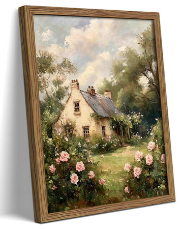 English Cottage Framed Canvas Wall Art, Vintage Garden Cottage Painting Print Picture, Cottagecore Farmhouse