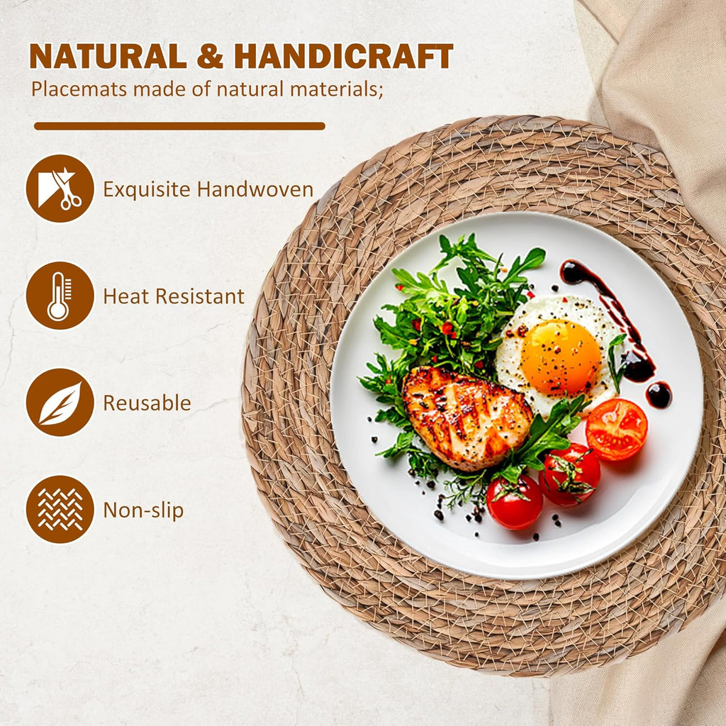Defined Deco Woven Placemats,12" Round Rattan Placemats,Natural Hand-Woven Water Hyacinth - Set of 6