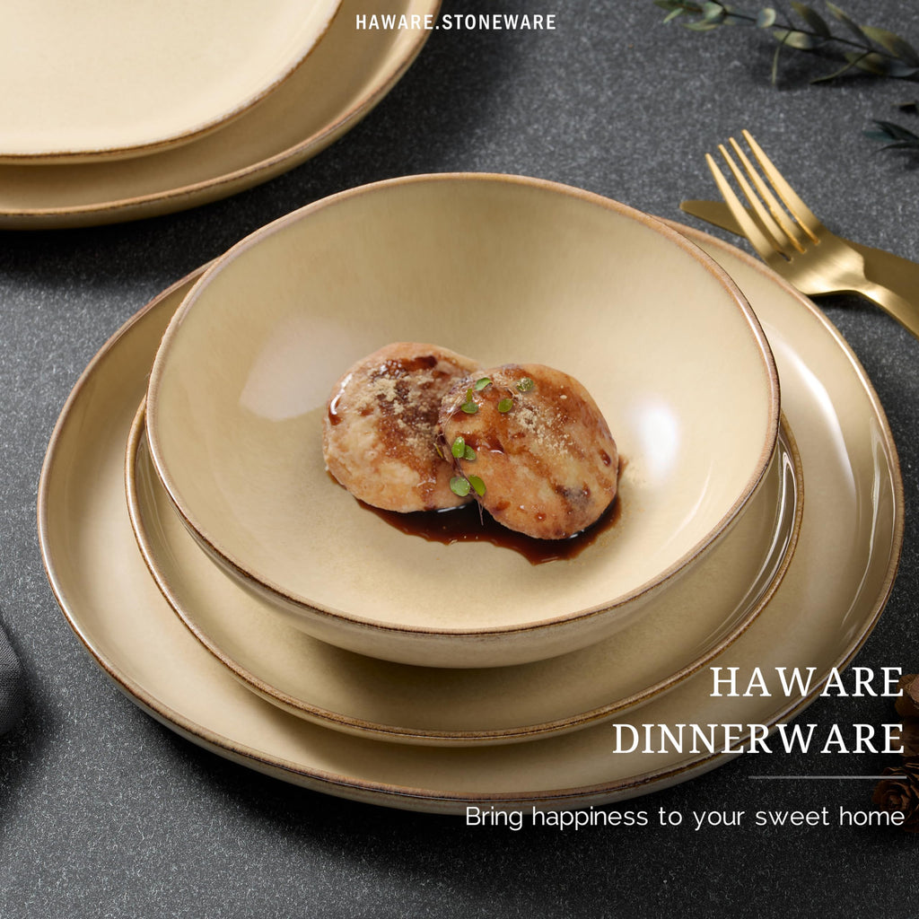 Dinnerware Sets, 24-Piece Stoneware Plates and Bowls Set, Dish Set for 8, Ceramic Dishware Restaurant, Chip and