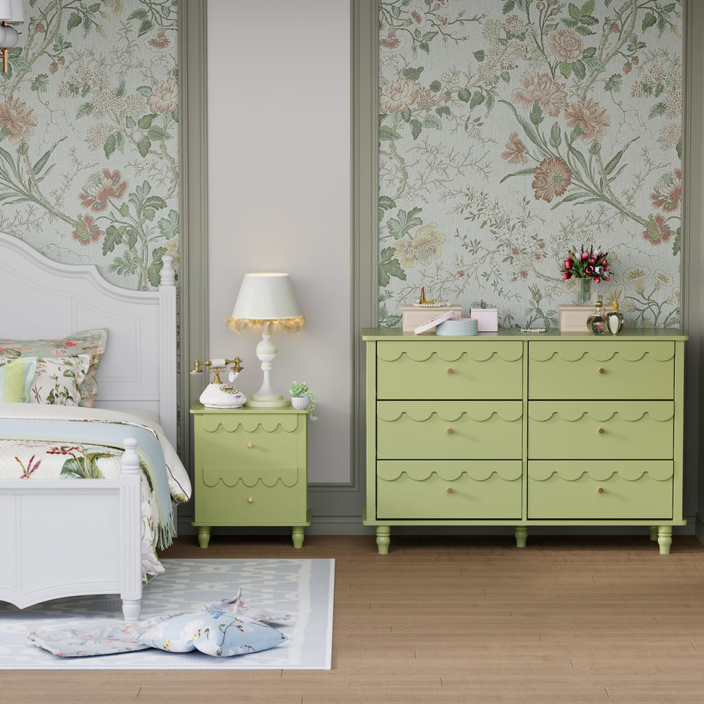 Scalloped Dresser Green 6 Drawer Dresser, Modern Wide Chest of Drawers, Scalloped Organizer Storage with Drawers