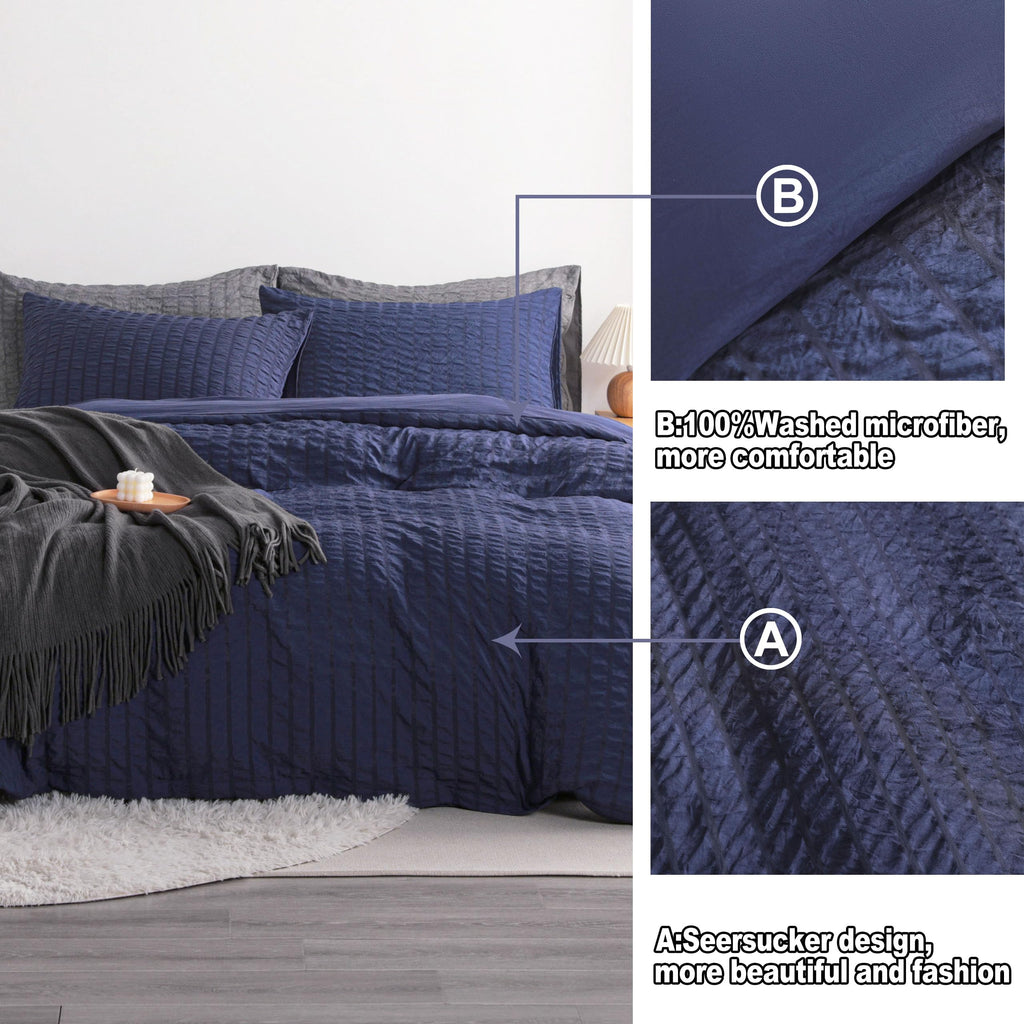 Duvet Cover Set - 2 Piece Seersucker Textured Stripe Washed Microfiber Bedding with Zipper Closure, Soft